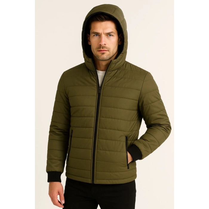 ERKEK ŞİŞME KAPÜŞONLU FERMUARLI MONT SU İTİCİ KAPİTONE ASTARLI KUMAŞ CEPLİ KIŞLIK RAHAT KALIP - HAKİ