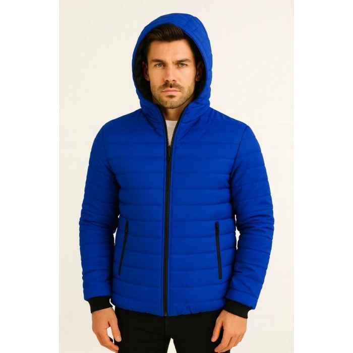 ERKEK ŞİŞME KAPÜŞONLU FERMUARLI MONT SU İTİCİ KAPİTONE ASTARLI KUMAŞ CEPLİ KIŞLIK RAHAT KALIP - SAKS MAVİSİ