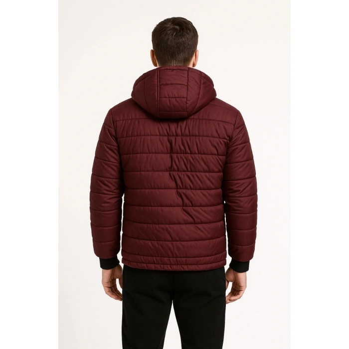 ERKEK ŞİŞME KAPÜŞONLU FERMUARLI MONT SU İTİCİ KAPİTONE ASTARLI KUMAŞ CEPLİ KIŞLIK RAHAT KALIP - BORDO