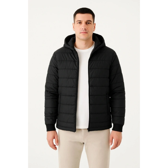 ERKEK ŞİŞME KAPÜŞONLU FERMUARLI MONT SU İTİCİ KAPİTONE ASTARLI KUMAŞ CEPLİ KIŞLIK RAHAT KALIP - SİYAH