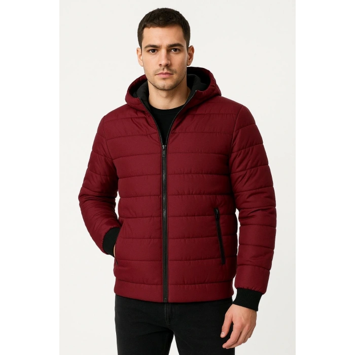 ERKEK ŞİŞME KAPÜŞONLU FERMUARLI MONT SU İTİCİ KAPİTONE ASTARLI KUMAŞ CEPLİ KIŞLIK RAHAT KALIP - BORDO