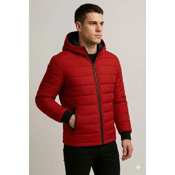 ERKEK ŞİŞME KAPÜŞONLU FERMUARLI MONT SU İTİCİ KAPİTONE ASTARLI KUMAŞ CEPLİ KIŞLIK RAHAT KALIP - KIRMIZI