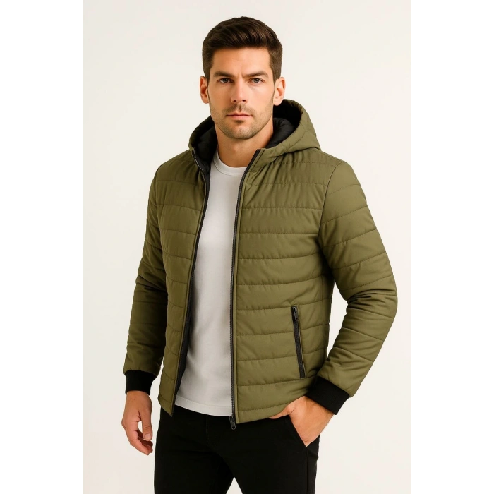 ERKEK ŞİŞME KAPÜŞONLU FERMUARLI MONT SU İTİCİ KAPİTONE ASTARLI KUMAŞ CEPLİ KIŞLIK RAHAT KALIP - HAKİ