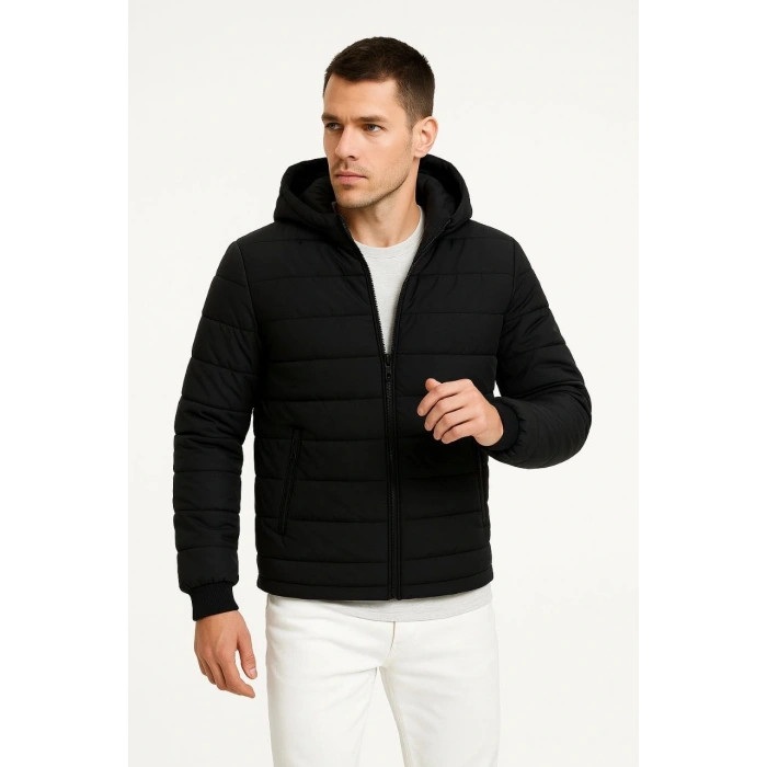 ERKEK ŞİŞME KAPÜŞONLU FERMUARLI MONT SU İTİCİ KAPİTONE ASTARLI KUMAŞ CEPLİ KIŞLIK RAHAT KALIP - SİYAH