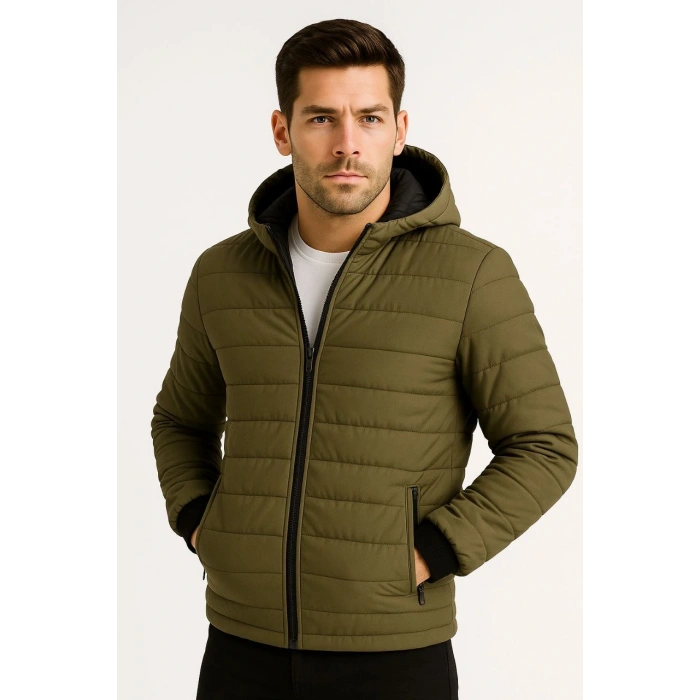 ERKEK ŞİŞME KAPÜŞONLU FERMUARLI MONT SU İTİCİ KAPİTONE ASTARLI KUMAŞ CEPLİ KIŞLIK RAHAT KALIP - HAKİ