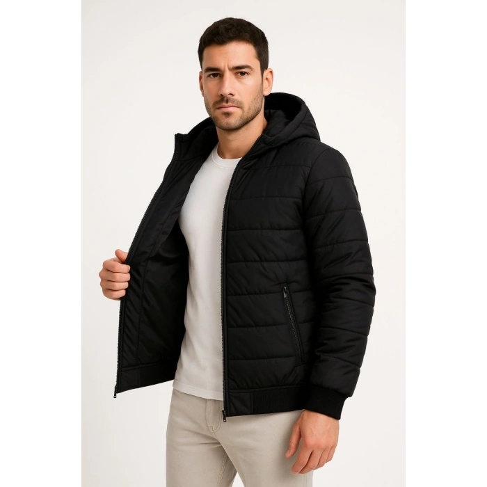 ERKEK ŞİŞME KAPÜŞONLU FERMUARLI MONT SU İTİCİ KAPİTONE ASTARLI KUMAŞ CEPLİ KIŞLIK RAHAT KALIP - SİYAH