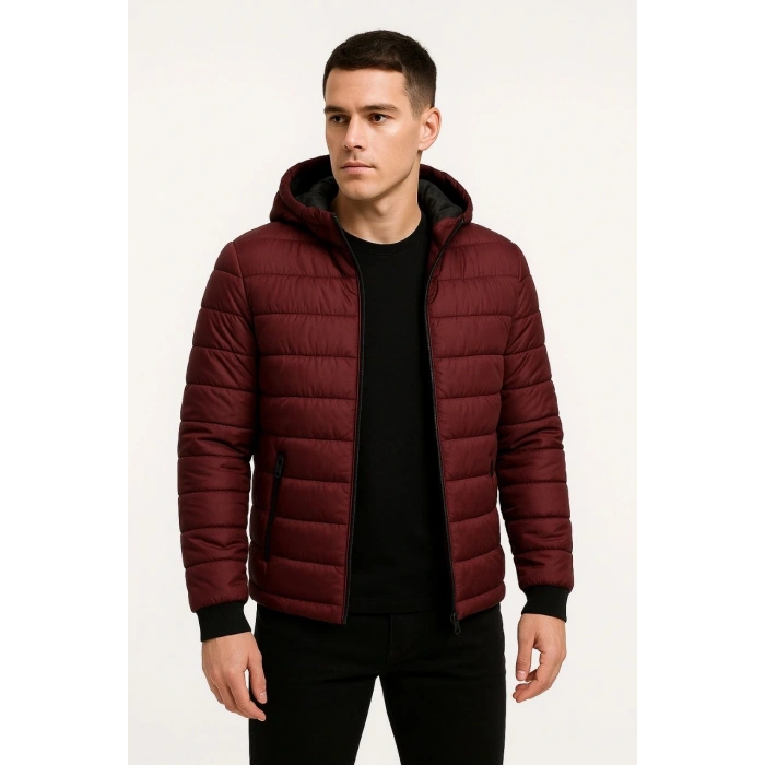 ERKEK ŞİŞME KAPÜŞONLU FERMUARLI MONT SU İTİCİ KAPİTONE ASTARLI KUMAŞ CEPLİ KIŞLIK RAHAT KALIP - BORDO