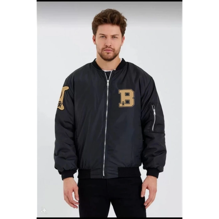 ERKEK SİYAH BOMBER KOLEJ MONT – B HARFİ VE KEMİK BASKILI, SU İTİCİ KUMAŞ, KAPİTONE ASTARLI FERMUARLI CEKET - SİYAH