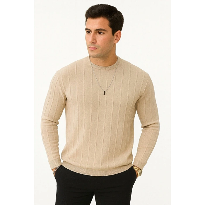 Erkek Slim Fit Dar Kesim Bisiklet Yaka Basic Şeritli Triko Kazak