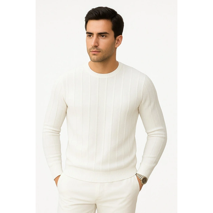 Erkek Slim Fit Dar Kesim Bisiklet Yaka Basic Şeritli Triko Kazak