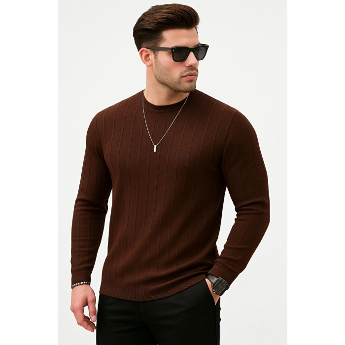 Erkek Slim Fit Dar Kesim Bisiklet Yaka Basic Şeritli Triko Kazak