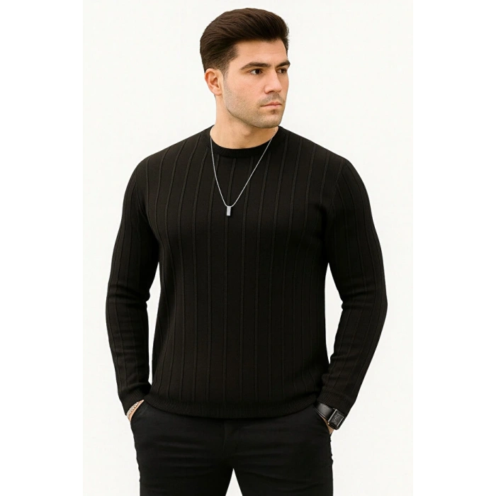 Erkek Slim Fit Dar Kesim Bisiklet Yaka Basic Şeritli Triko Kazak