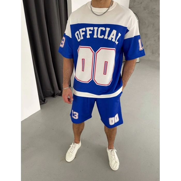 ERKEK ŞORTLU TAKIM – OVERSİZE İKİ İPLİK KUMAŞ, ÖN & ARKA DİJİTAL BASKILI TİŞÖRT VE LASTİKLİ CEPLİ ŞORT, YAZLIK GÜNLÜK SPOR SET - MAVİ