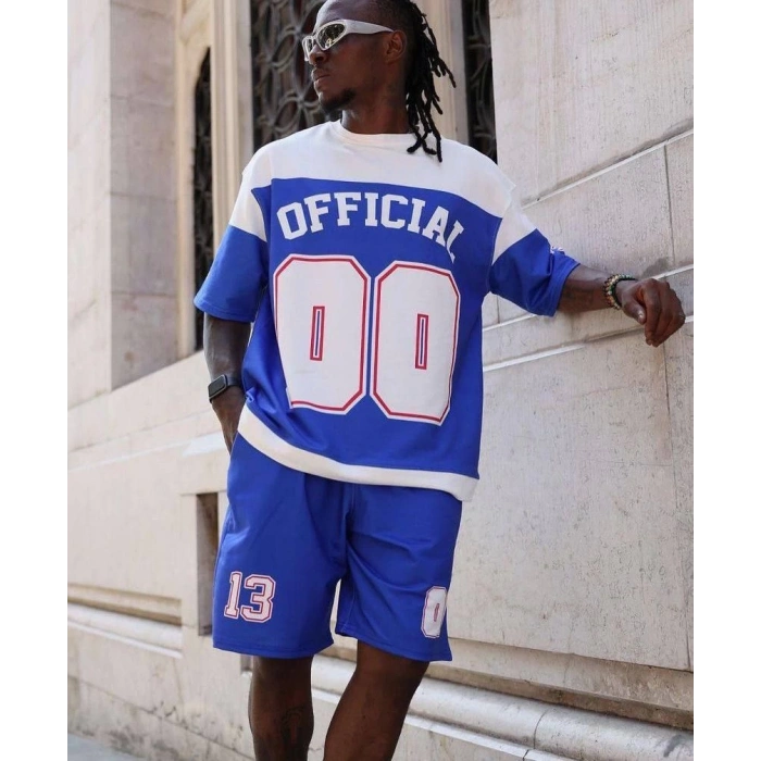 ERKEK ŞORTLU TAKIM – OVERSİZE İKİ İPLİK KUMAŞ, ÖN & ARKA DİJİTAL BASKILI TİŞÖRT VE LASTİKLİ CEPLİ ŞORT, YAZLIK GÜNLÜK SPOR SET - MAVİ