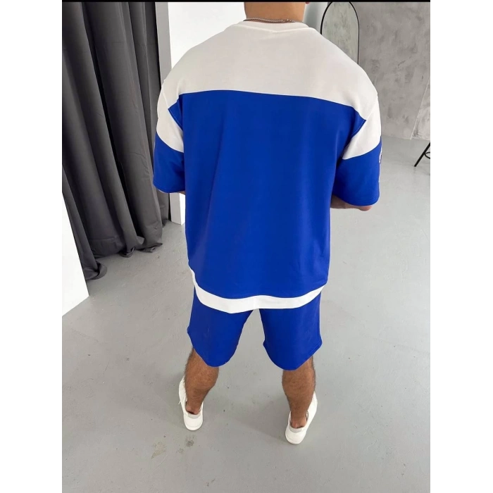 ERKEK ŞORTLU TAKIM – OVERSİZE İKİ İPLİK KUMAŞ, ÖN & ARKA DİJİTAL BASKILI TİŞÖRT VE LASTİKLİ CEPLİ ŞORT, YAZLIK GÜNLÜK SPOR SET - MAVİ