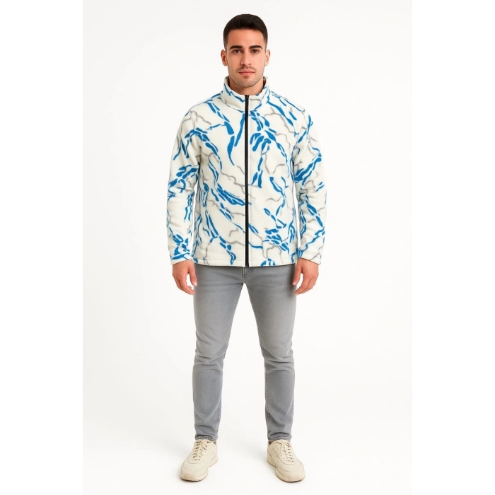 Erkek Tam Fermuarlı Desenli Polar Sweat Lightning Desen Yakalı, Uzun Kollu, Oversize Rahat Kalıp - Beyaz