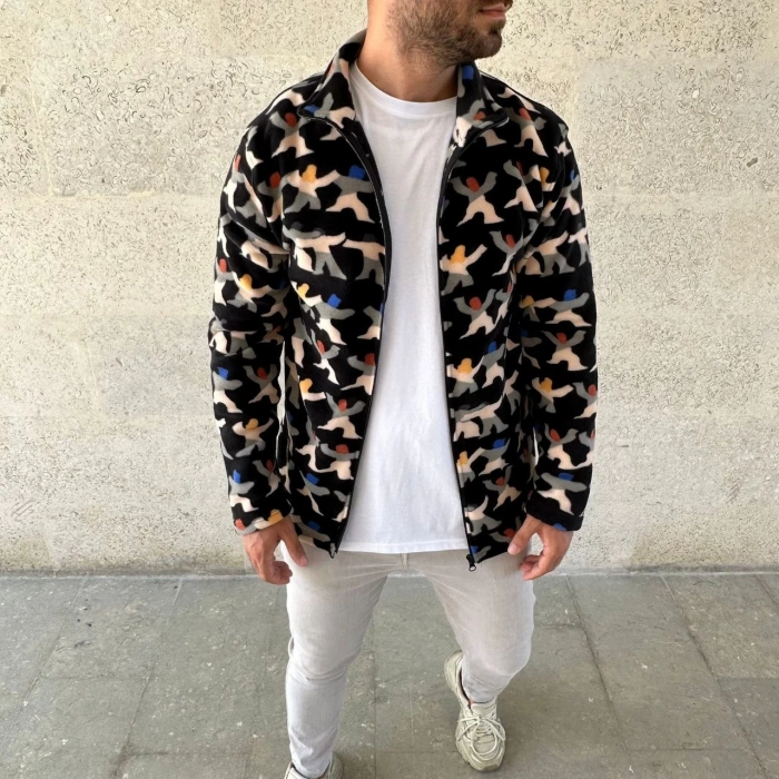 Erkek Tam Fermuarlı Desenli Polar Sweat – Siyah Multicolor Figür Desen Yakalı, Uzun Kollu, Oversize Rahat Kalıp- Siyah
