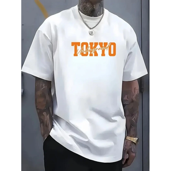 Erkek Turuncu Spor Araba Grafik Tişört - TOKYO Baskılı Günlük Oversize Kısa Kollu Tişört, Yetişkinler için Yazlık Giyim, Turuncu Araba Tasarımı - Beyaz