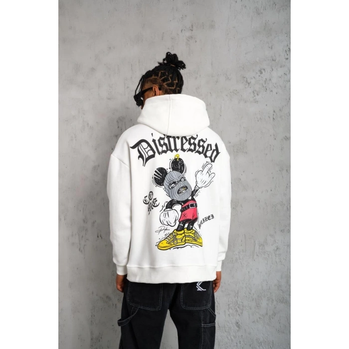 ERKEK ÜÇ İPLİK BASKILI KAPÜŞONLU SWEAT - BEYAZ