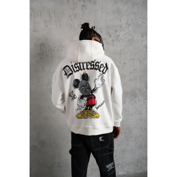 ERKEK ÜÇ İPLİK BASKILI KAPÜŞONLU SWEAT - BEYAZ