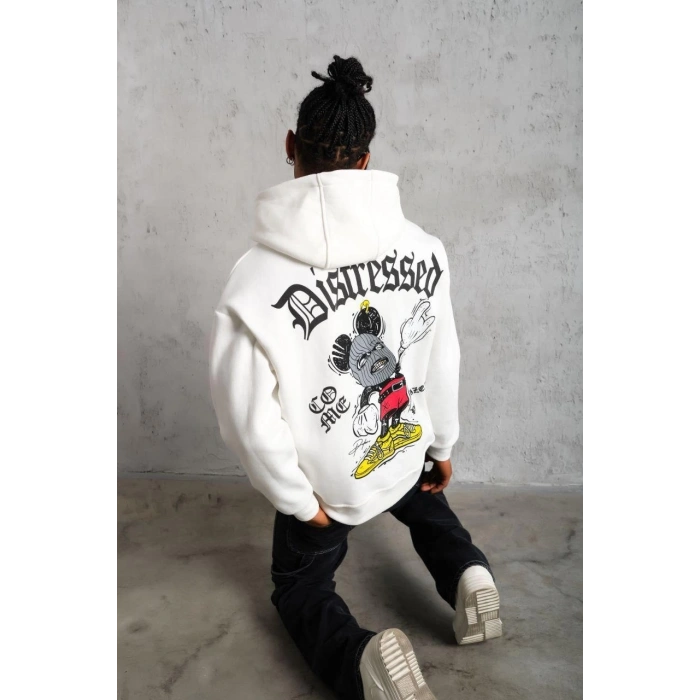 ERKEK ÜÇ İPLİK BASKILI KAPÜŞONLU SWEAT - BEYAZ