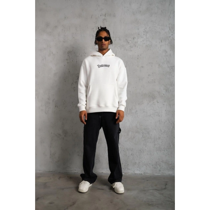 ERKEK ÜÇ İPLİK BASKILI KAPÜŞONLU SWEAT - BEYAZ