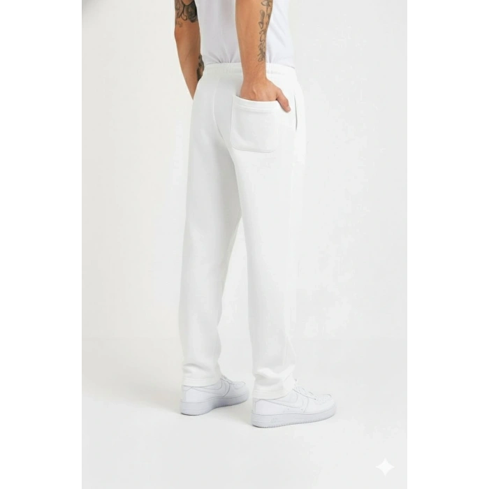 Erkek Üç iplik Kışlık Pamuklu Ovarsize Bağcıklı Düz Paça Cepli Eşofman Altı Spor Rahat Model - Beyaz