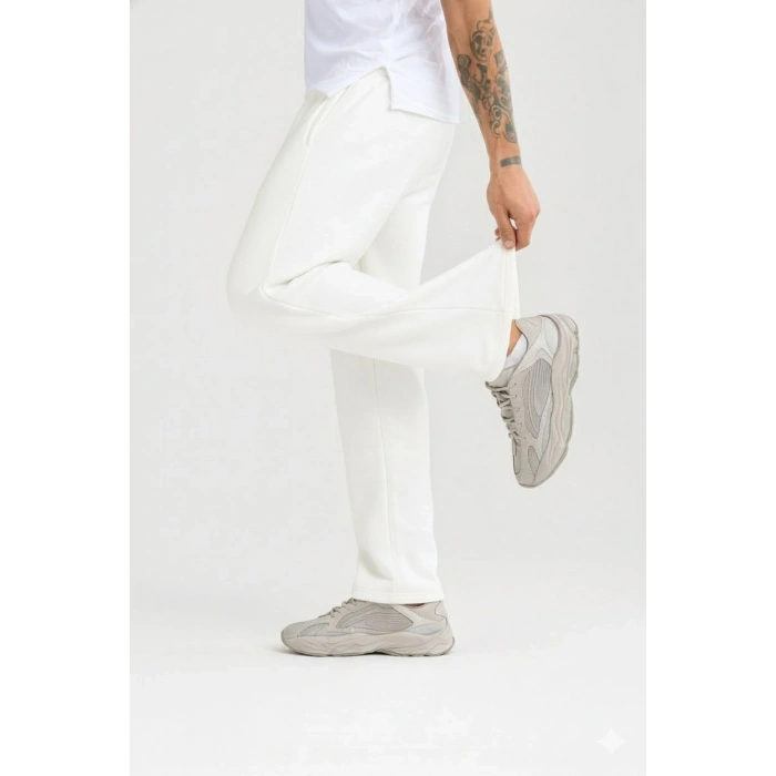 Erkek Üç iplik Kışlık Pamuklu Ovarsize Bağcıklı Düz Paça Cepli Eşofman Altı Spor Rahat Model - Beyaz