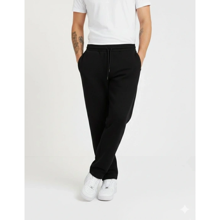 Erkek Üç iplik Kışlık Pamuklu Ovarsize Bağcıklı Düz Paça Cepli Eşofman Altı Spor Rahat Model - Siyah