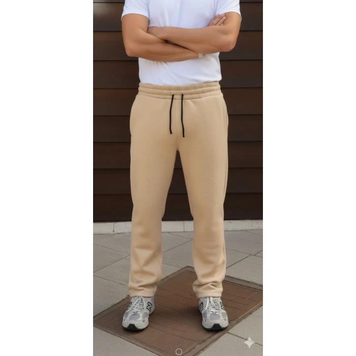 Erkek Üç iplik Kışlık Pamuklu Ovarsize Bağcıklı Düz Paça Cepli Eşofman Altı Spor Rahat Model - Bej
