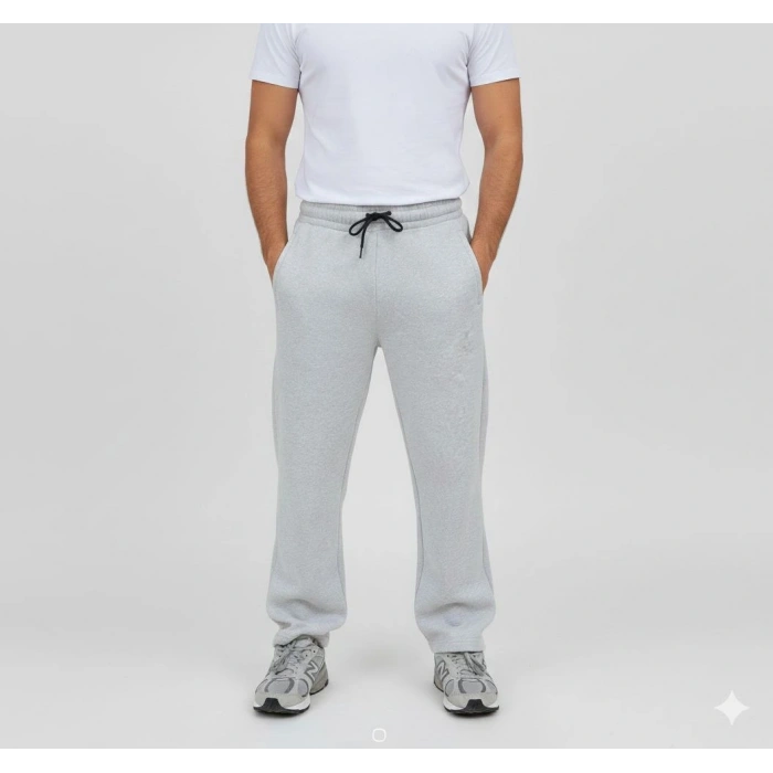 Erkek Üç iplik Kışlık Pamuklu Ovarsize Bağcıklı Düz Paça Cepli Eşofman Altı Spor Rahat Model - Gri