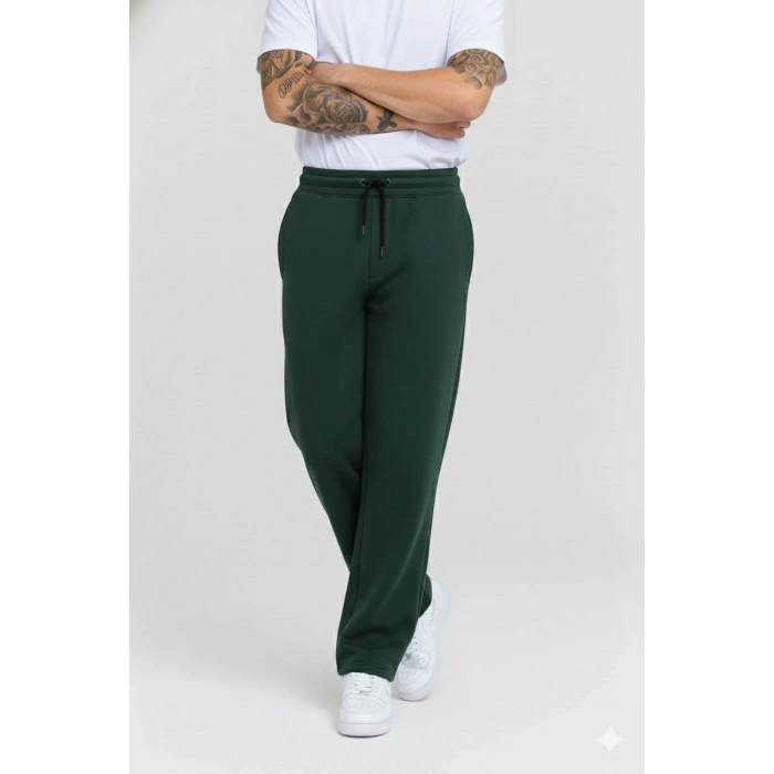 Erkek Üç iplik Kışlık Pamuklu Ovarsize Bağcıklı Düz Paça Cepli Eşofman Altı Spor Rahat Model - Haki