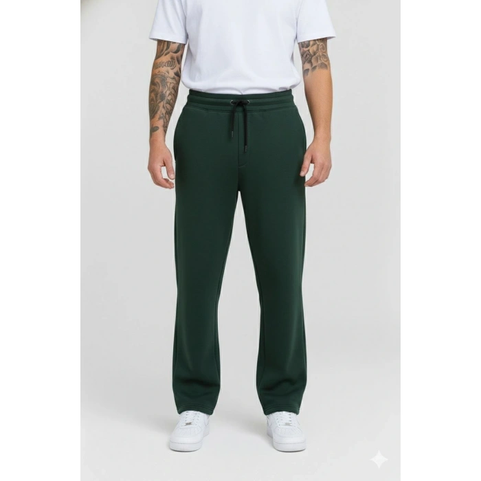 Erkek Üç iplik Kışlık Pamuklu Ovarsize Bağcıklı Düz Paça Cepli Eşofman Altı Spor Rahat Model - Haki