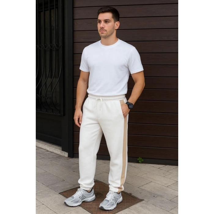 Erkek Üç İplik Kışlık Pamuklu Yandan Garneli Kalın Bej Şeritli Cepli Eşofman Altı - Beyaz