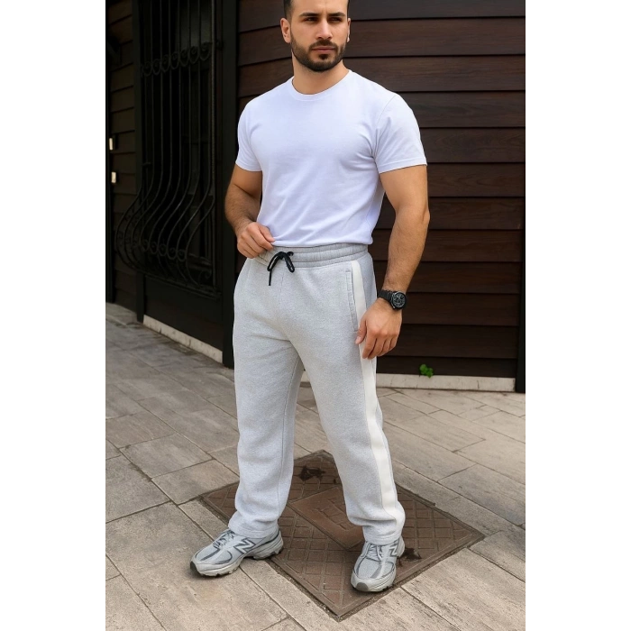 Erkek Üç İplik Kışlık Pamuklu Yandan Garneli Kalın Bej Şeritli Cepli Eşofman Altı - Gri