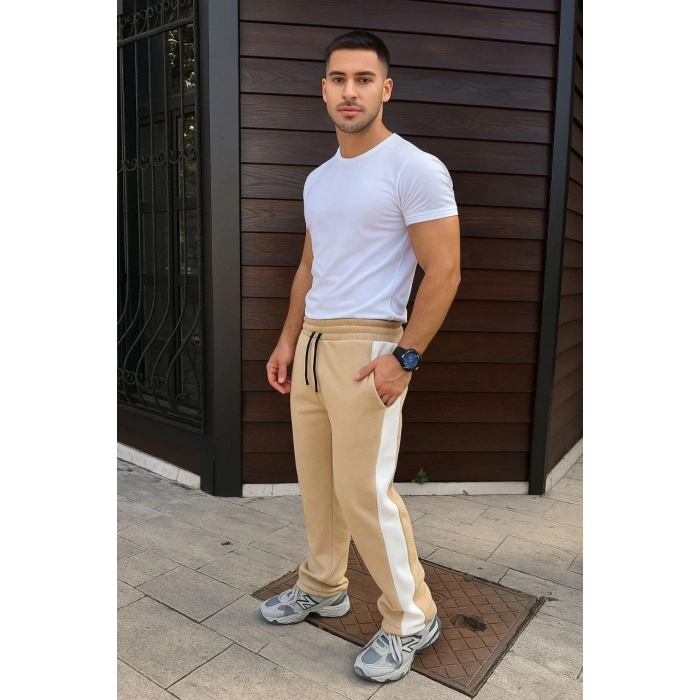 Erkek Üç İplik Kışlık Pamuklu Yandan Garneli Kalın Şeritli Cepli Eşofman Altı - Bej