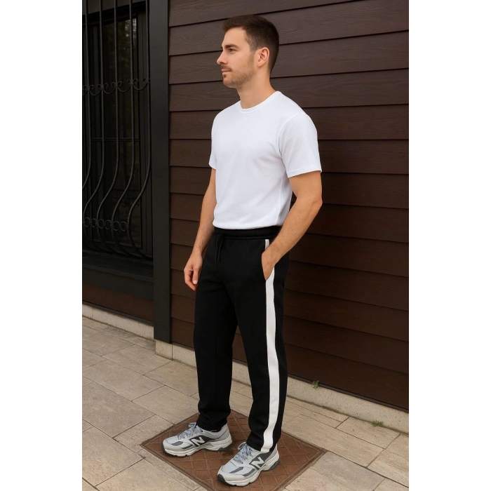 Erkek Üç İplik Kışlık Pamuklu Yandan Garneli Kalın Şeritli Cepli Eşofman Altı - Siyah