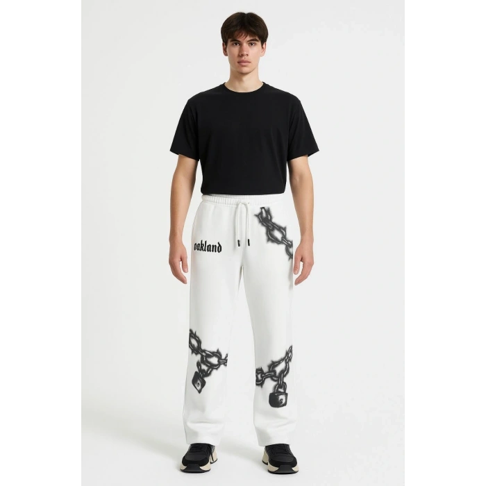 Erkek Üç İplik Pamuklu Baskılı Cepli Jogger Buggy Pantalon Oversize Kalıp - Beyaz