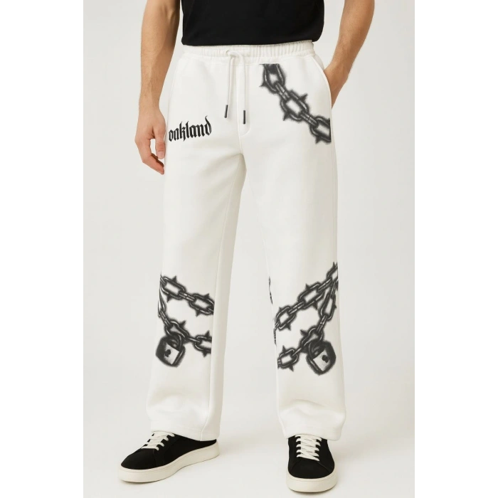 Erkek Üç İplik Pamuklu Baskılı Cepli Jogger Buggy Pantalon Oversize Kalıp - Beyaz