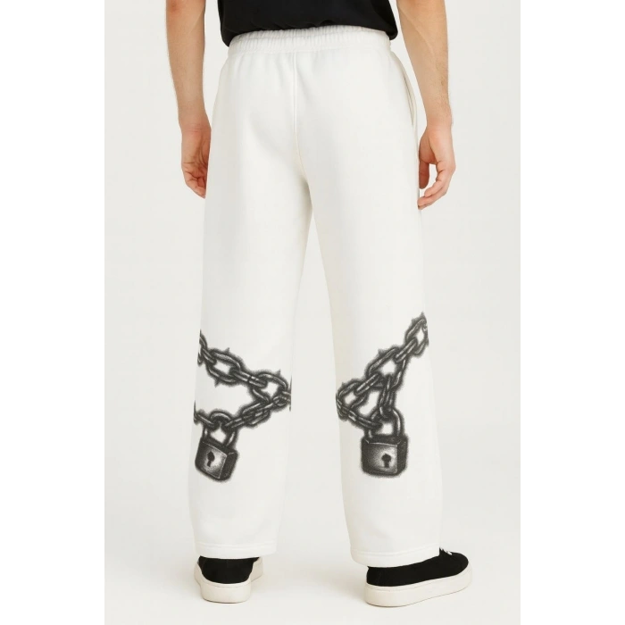 Erkek Üç İplik Pamuklu Baskılı Cepli Jogger Buggy Pantalon Oversize Kalıp - Beyaz