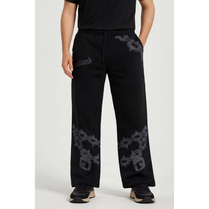 Erkek Üç İplik Pamuklu Baskılı Cepli Jogger Buggy Pantalon Oversize Kalıp - Siyah