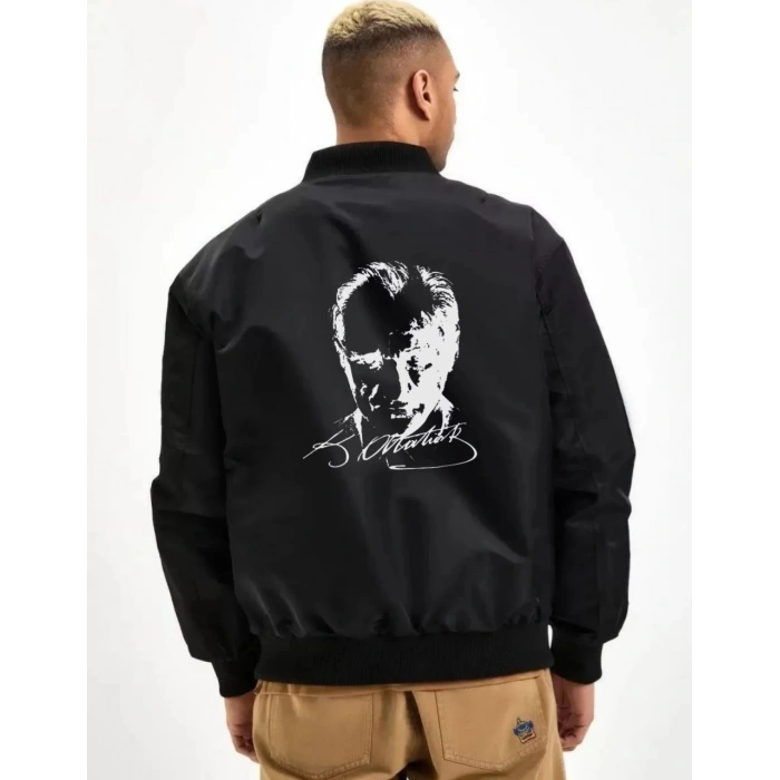 ERKEK UNİSEX BOMBER MONT – SİYAH RENK, ATATÜRK SİLÜET BASKILI, FERMUARLI CEPLİ, KAPİTONE ASTARLI, BAHAR KIŞ SEZONU GÜNLÜK CEKET - SİYAH