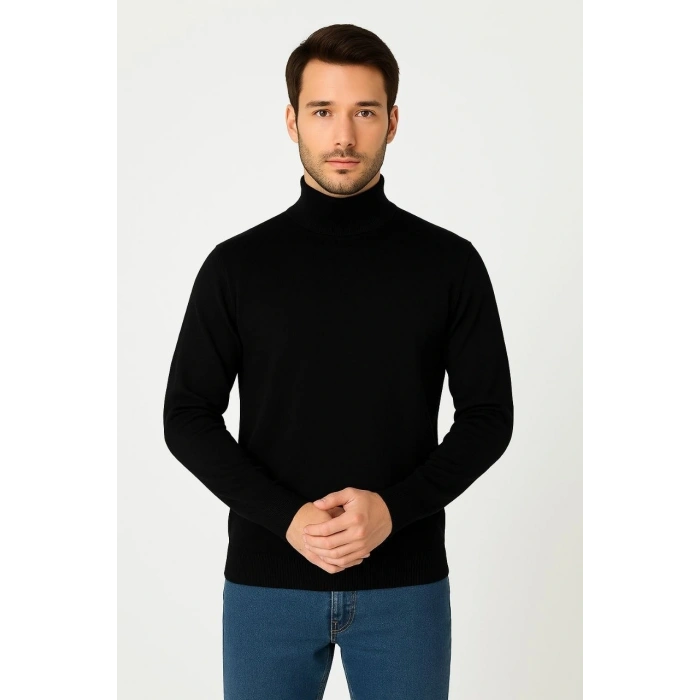 Erkek Yarım Boğaz Triko Kazak yumuşak dokulu Pamuklu ince Dokuma, uzun kollu Rahat Regular kalıp - Siyah