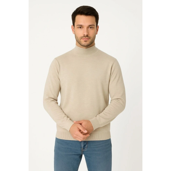 Erkek Yarım Boğaz Triko Kazak yumuşak dokulu Pamuklu ince Dokuma, uzun kollu Rahat Regular kalıp - Bej