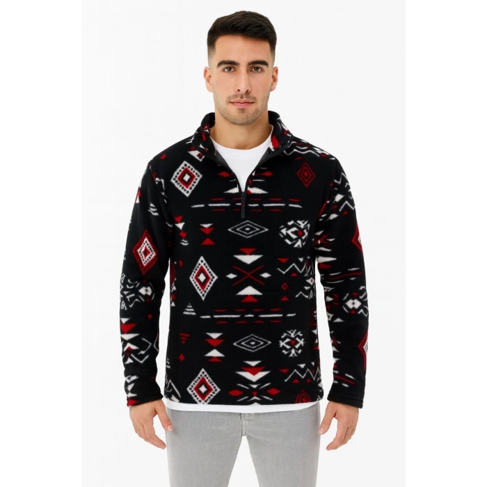 Erkek Yarım Fermuarlı Desenli Polar Sweat Tribal Etnik Desen Yakalı, Uzun Kollu, Oversize Rahat Kalıp, - Siyah