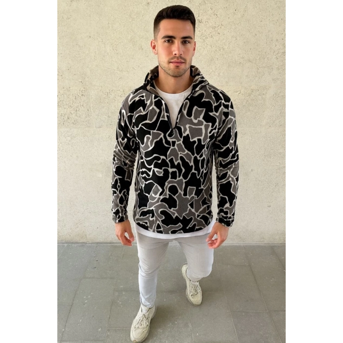 Erkek Yarım Fermuarlı Desenli Polar Sweat Yakalı, Uzun Kollu, Oversize Rahat Kalıp - Siyah