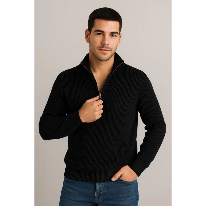 Erkek Yarım Fermuarlı Triko Kazak – Selanik Örgü, Dik Yaka, Pamuklu Dokuma, Regular Fit Uzun Kollu Kışlık Model - Siyah
