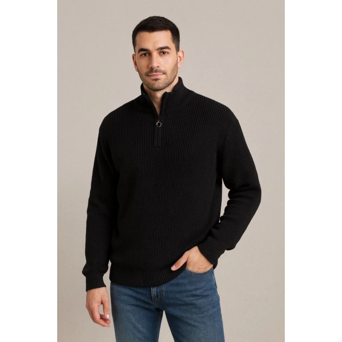 Erkek Yarım Fermuarlı Triko Kazak – Selanik Örgü, Dik Yaka, Pamuklu Dokuma, Regular Fit Uzun Kollu Kışlık Model - Siyah