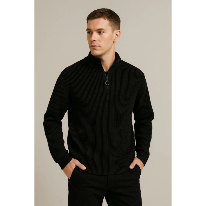 Erkek Yarım Fermuarlı Triko Kazak – Selanik Örgü, Dik Yaka, Pamuklu Dokuma, Regular Fit Uzun Kollu Kışlık Model - Siyah