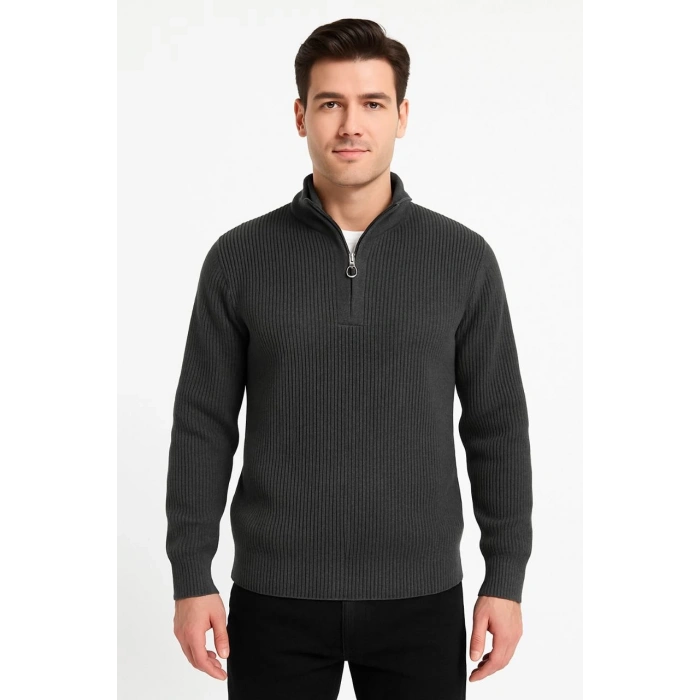 ERKEK YARIM FERMUARLI TRİKO KAZAK – SELANİK ÖRGÜ, DİK YAKA, PAMUKLU DOKUMA, REGULAR FİT UZUN KOLLU KIŞLIK MODEL - FÜME